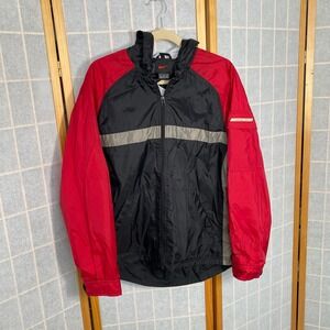 VTG 90s Nike Windbreaker Jacket Red Black Gray Stripe Hooded Zip Up Mens Size M